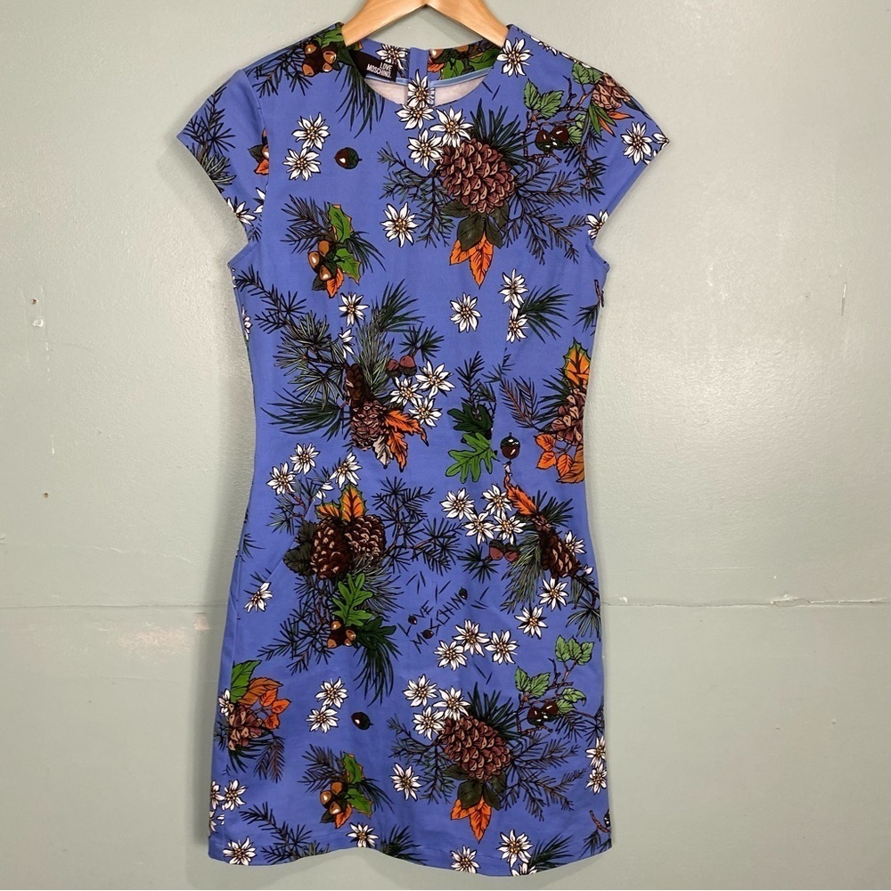 Love‎ Moschino Abito Blue Acorn Short Sleeve Sheath Dress Floral Sz 4